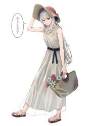  bag belt bow breasts commentary dress female flower girls&#039;_frontline grey_dress hair_ribbon hairbow hand_on_headwear hat hat_ribbon highres iws_2000_(girls&#039;_frontline) jewelry long_hair looking_at_viewer necklace niac red_eyes ribbon ring ring_necklace sandals slippers small_breasts smile solo speech_bubble sun_hat translated wedding_ring white_background white_dress white_hair 