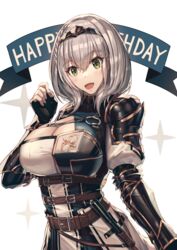  absurdres armor banner black_gloves breasts chest_belt cleavage cleavage_cutout clothing_cutout commentary cowboy_shot female fingerless_gloves gloves green_eyes grey_hair hair_between_eyes happy_birthday highres hololive large_breasts looking_at_viewer mazel_(mazel_star) medium_hair mole mole_on_breast o-ring open_mouth shirogane_noel shirogane_noel_(1st_costume) shoulder_armor simple_background smile solo sparkle strap tiara vambraces virtual_youtuber wavy_hair weapon white_background 