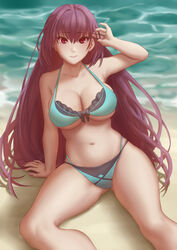  absurdres arm_up bad_id bad_pixiv_id beach bikini breasts day fate/grand_order fate_(series) female green_bikini highres large_breasts looking_at_viewer navel ocean outdoors purple_hair red_eyes sand scathach_(fate) scathach_skadi_(fate) scathach_skadi_(swimsuit_ruler)_(fate) scathach_skadi_(swimsuit_ruler)_(final_ascension)_(fate) sitting solo swimsuit tattered_helmet_(polan_kui) thighs two-tone_bikini 