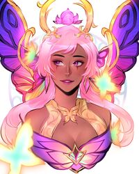  artist_name bare_shoulders breasts bug butterfly cleavage cropped_torso dark-skinned_female dark_skin earrings faerie_queen_karma fairy_wings female flower glowing highres jewelry karma_(league_of_legends) league_of_legends long_hair pink_eyes pink_flower pink_hair pink_lips rachel_(rachuuuul) sideways_glance solo teeth wings 