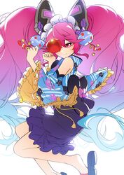  bare_shoulders bell black_gloves blue_hair candy_apple cleo_(dragalia_lost) covering_own_mouth dragalia_lost female food gloves gradient_hair hair_bell hair_ornament hairband hand_over_own_mouth hand_up highres japanese_clothes jingle_bell kimono long_hair looking_at_viewer multicolored_hair pink_eyes pink_hair sandals simple_background solo thighs twintails upper_body white_background xiafei97 yukata 