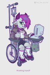  2:3 absurd_res anthro beverage bovid bovine burnout cattle choker clothing coffee coffee_mug computer electronics genitals green_eyes hair hi_res ill injection jewelry legwear male mammal necklace penis purple_hair sling_shot solo stockings tass_(character) tass_the_bovine vehicle wheelchair working 