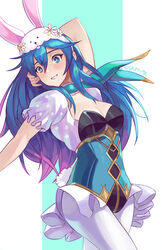  animal_ears arm_up blue_eyes blue_hair breasts cleavage commentary english_commentary fake_animal_ears female fire_emblem fire_emblem_awakening fire_emblem_heroes highres long_hair lucina_(fire_emblem) lucina_(spring)_(fire_emblem) official_alternate_costume rabbit_ears simple_background solo spiffydc twitter_username white_legwear 