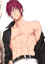  1boy abs black_shirt collarbone free! from_below hair_between_eyes looking_at_viewer male_focus matsuoka_rin navel nipples okii_(oh_ki_ik) open_clothes open_shirt pants pectorals red_eyes red_hair shirt short_hair single_bare_shoulder stomach toned toned_male wet wet_hair white_pants 