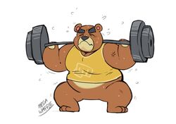  2020 animal_crossing anthro barbell bear bodily_fluids brown_body brown_fur closed_eyes clothing exercise fur hi_res male mammal megawaffle_(artist) nintendo overweight overweight_anthro overweight_male shirt simple_background solo sweat teddy_(animal_crossing) topwear weightlifting white_background workout 