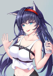  alternate_hairstyle animal_ears aqua_eyes arknights asymmetrical_hair black_shorts blaze_(arknights) blue_hair bottle breasts cat_ears chest_belt cleavage collarbone cowboy_shot crop_top female framed_breasts grey_background hairband ling_huanxiang long_hair looking_at_viewer medium_breasts midriff navel oerba_yun_fang open_mouth shorts sideboob simple_background sleeveless smile solo strap tank_top twintails water_bottle waving white_tank_top 