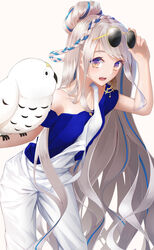  bare_shoulders bird blue_hair blue_shirt blush braid breasts collarbone earrings eyewear_on_head fate/grand_order fate_(series) female grey_hair highres jewelry long_hair looking_at_viewer medium_breasts multicolored_hair necklace off-shoulder_shirt off_shoulder open_mouth oriuo_q overalls owl ponytail pope_joan_(event_portrait)_(fate) pope_joan_(fate) purple_eyes round_eyewear shirt short_sleeves sidelocks solo sunglasses two-tone_hair very_long_hair white_overalls 