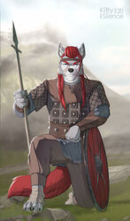  2020 5_fingers anthro canid canine canis clothed clothing day detailed_background digital_media_(artwork) fingers hair hi_res katerezonate male mammal melee_weapon outside polearm red_hair sky solo spear weapon wolf 