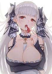  azur_lane bare_shoulders between_breasts black_dress blush breasts cleavage dress earrings female food formidable_(azur_lane) frilled_dress frills fruit grey_hair hair_ribbon highres huge_breasts jewelry long_hair long_sleeves looking_at_viewer red_eyes ribbon simple_background solo strawberry twintails two-tone_dress two-tone_ribbon underboob very_long_hair white_background yellowpaint. 