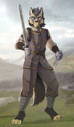  2020 4_toes 5_fingers anthro canid canine clothed clothing day detailed_background digital_media_(artwork) feet fingers fox grass hi_res holding_melee_weapon holding_object holding_sword holding_weapon katerezonate male mammal melee_weapon outside plant sky solo standing sword toes weapon 