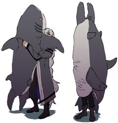  2girls arknights black_footwear black_pants boots brown_footwear coat commentary english_commentary full_body grey_coat grey_hair hugging_object long_hair looking_at_viewer multiple_girls multiple_views pants parody photo-referenced red_eyes shadow shark shark_sleeping_bag simple_background skadi_(arknights) sleeping_bag specter_(arknights) standing stuffed_animal stuffed_shark stuffed_toy wandering_sarkaz white_background 