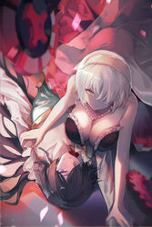  1boy bare_shoulders bite_mark black_hair blood blood_on_clothes blue_eyes blush breasts cleavage dress earrings female hair_over_one_eye hand_on_another&#039;s_shoulder hands_on_another&#039;s_wrists highres jeanne_(vanitas_no_carte) jewelry large_breasts long_hair nana895 necklace pearl_necklace red_dress restrained shirt short_hair smile straight vampire vanitas_(vanitas_no_carte) vanitas_no_carte white_hair white_shirt yellow_eyes 