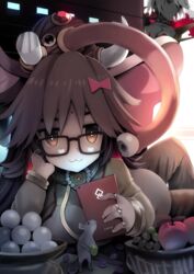  1boy :3 apple bindi black-framed_eyewear bow bowl bracelet breasts brown_eyes brown_hair cellphone dango dumpling eating elephant_hat fate/grand_order fate_(series) female food fruit ganesha_(fate) glasses grapes hairbow holding holding_phone jewelry jinako_carigiri karna_(fate) large_breasts long_hair mouse_(animal) phone plump ring smile solo_focus tranquillianusmajor tsukimi_dango wagashi white_hair 