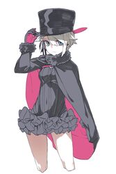  absurdres ange_(princess_principal) black_cape black_gloves black_hat blonde_hair blue_eyes cape closed_mouth commentary_request covered_navel female gloves hair_between_eyes hand_on_headwear hand_up hat highres leotard looking_at_viewer multicolored_clothes multicolored_gloves multicolored_hair pink_cape princess_principal red_gloves reiga_(act000) simple_background solo top_hat two-sided_cape two-sided_fabric two-tone_hair white_background 