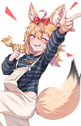  absurdres ahoge alternate_costume animal_ear_fluff animal_ears blonde_hair blue_shirt blush bow braid commentary fangs female finger_gun fox_ears fox_girl fox_tail hair_between_eyes hairbow highres hololive kiwwwwwi looking_at_viewer medium_hair multicolored_hair omaru_polka one_eye_closed overalls pink_hair purple_eyes red_bow shirt simple_background solo standing standing_on_one_leg streaked_hair striped_clothes striped_shirt tail virtual_youtuber white_background 