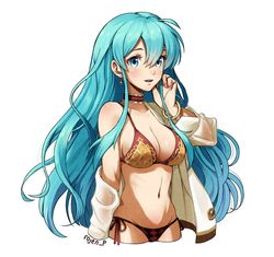  absurdres artist_name bikini blue_eyes blue_sky bracelet breasts brown_bikini brown_choker choker cleavage cropped_legs eirika_(fire_emblem) female fire_emblem fire_emblem:_the_sacred_stones highres jacket jewelry long_hair looking_at_viewer medium_breasts off_shoulder open_mouth rojen sky smile solo swimsuit very_long_hair white_background white_jacket 