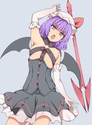  absurdres bat_wings between_breasts blue_hair bow breasts clothes_between_breasts corset cosplay elbow_gloves elizabeth_bathory_(fate) elizabeth_bathory_(fate/extra_ccc) elizabeth_bathory_(fate/extra_ccc)_(cosplay) elizabeth_bathory_(first_ascension)_(fate) elizabeth_bathory_(first_ascension)_(fate)_(cosplay) fate/extra fate_(series) female gloves grey_background hat hat_ribbon highres mob_cap plaid plaid_skirt red_bow red_eyes red_ribbon remilia_scarlet ribbon ribbon_bra short_hair skirt slit_pupils small_breasts spear_the_gungnir suwaneko touhou wings 