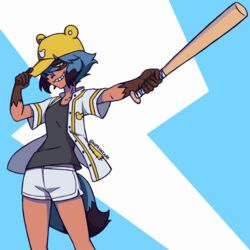  absurdres adjusting_clothes adjusting_headwear baseball baseball_bat baseball_cap baseball_uniform blue_hair body_fur brand_new_animal female furry furry_female hat highres kagemori_michiru multicolored_hair not_a_hazard raccoon_girl raccoon_tail short_hair smirk sportswear tail 