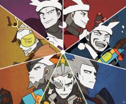  6+boys alternate_costume alternate_hair_color anger_vein archie_(pokemon) beard box commentary cyrus_(pokemon) faba_(pokemon) facial_hair fake_horns fur-trimmed_headwear fur_trim ghetsis_(pokemon) gift giovanni_(pokemon) goatee grey_hair grin hat holding holding_box holding_gift horns lysandre_(pokemon) male_focus maxie_(pokemon) multiple_boys parted_lips pokemon pokemon_bw pokemon_dppt pokemon_rse pokemon_sm pokemon_xy red_headwear scouter smile ssalbulre stantler sweat taser team_aqua team_flare team_galactic team_magma team_plasma teeth water_gun 