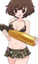  akiyama_yukari bikini bikini_skirt breast_rest breasts brown_eyes brown_hair camouflage camouflage_bikini cleavage cowboy_shot female girls_und_panzer green_bikini halterneck highres holding looking_at_viewer medium_breasts messy_hair navel open_mouth ri_(qrcode) short_hair simple_background solo standing swimsuit tank_shell white_background 