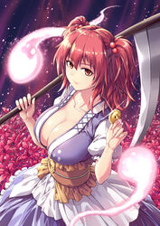  absurdres breasts cleavage coin collarbone female field fish.boy flower flower_field flower_request hair_bobbles hair_ornament highres hitodama holding holding_scythe large_breasts lily_(flower) looking_at_viewer onozuka_komachi puffy_short_sleeves puffy_sleeves red_eyes red_flower red_hair scythe short_hair short_sleeves solo touhou two_side_up 