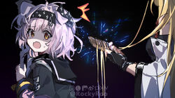  2girls ^^^ animal_ears arknights artist_name bare_shoulders black_background black_bow black_gloves black_hairband black_sailor_collar blonde_hair bow brown_eyes cat_ears comb detached_sleeves electricity fingerless_gloves gloves goldenglow_(arknights) hairband hairbow highres holding holding_comb holding_staff leizi_(arknights) lightning_bolt_print long_hair long_sleeves looking_back multiple_girls open_mouth pink_hair rockyroo sailor_collar shaded_face short_hair staff static_electricity sweatdrop very_long_hair wide_sleeves 