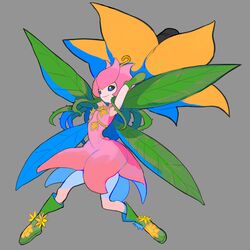  arm_cannon blue_eyes boots closed_mouth commentary digimon digimon_(creature) english_commentary female flower full_body green_footwear grey_background highres leaf_wings lilimon monster_girl plant plant_girl rae_(hexedwithluck) simple_background smile solo standing vines weapon 