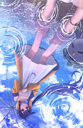  absurdres anklet bare_legs barefoot blunt_bangs dress feet female from_below gradient_hair highres holding holding_umbrella hololive hololive_english jewelry kamaniki long_hair looking_down multicolored_hair ninomae_ina&#039;nis official_alternate_hairstyle orange_hair pointy_ears ponytail purple_hair reflection ripples sidelocks solo standing takodachi_(ninomae_ina&#039;nis) tentacle_hair transparent transparent_umbrella umbrella very_long_hair violet_(ninomae_ina&#039;nis) virtual_youtuber wading water white_dress 