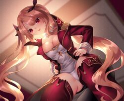  azur_lane backlighting blonde_hair breasts cleavage cleavage_cutout clothing_cutout commentary_request epaulettes female hair_ribbon highres jacket large_breasts long_hair long_sleeves looking_at_viewer military military_uniform neit_ni_sei nelson_(azur_lane) no_pants open_mouth panties pantyshot red_eyes red_jacket ribbon solo sweatdrop thighhighs twintails underwear uniform upper_body 