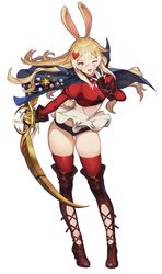  animal_ears ass_visible_through_thighs black_shorts blonde_hair blue_cape blush boots bow_(weapon) breasts brown_dust_2 brown_gloves cape clothing_cutout dress female full_body gloves hair_between_eyes hand_to_own_mouth high_heels highres holding holding_bow_(weapon) holding_weapon juliet_sleeves knee_boots liatris_(brown_dust) long_bangs long_hair long_sleeves looking_at_viewer medal official_art one_eye_closed open_mouth partially_fingerless_gloves pink_eyes puffy_sleeves rabbit_ears red_dress red_thighhighs second-party_source short_shorts shorts simple_background skindentation small_breasts smile solo stomach_cutout thick_thighs thighhighs thighs two-tone_dress weapon white_background white_dress 