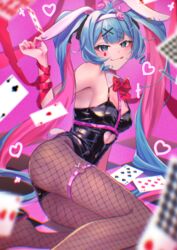  114_usamaro :q absurdres ace_(playing_card) ace_of_hearts animal_ears arm_behind_back arm_ribbon arm_support ass bare_shoulders black_leotard blue_eyes blue_hair blush bow bowtie breasts card cleavage clothing_cutout covered_navel detached_collar ear_fondling eight_of_diamonds_(playing_card) female fishnet_pantyhose fishnets from_above from_side hair_between_eyes hair_ornament hairband hand_up hatsune_miku heart heart_cutout highres legs_folded leotard licking_lips long_hair looking_at_viewer looking_back lying midriff_peek multicolored_hair nail_polish o-ring on_side pantyhose pink_hair playing_card rabbit_ears rabbit_girl rabbit_hair_ornament rabbit_hole_(vocaloid) rabbit_tail red_bow red_bowtie red_nails red_ribbon ribbon seven_of_clubs small_breasts smile solo spaghetti_strap stomach_cutout tail thigh_strap thighs tongue tongue_out twintails two-tone_hair two_of_clubs very_long_hair vocaloid white_hairband x_hair_ornament 