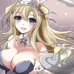  alcohol blonde_hair blue_leotard breasts cargo_net cleavage cup double_bun drinking_glass female fletcher_(kancolle) gradient_background hair_bun hair_ornament hairband kantai_collection large_breasts leotard long_hair looking_at_viewer open_mouth pink_background playboy_bunny purple_eyes smile solo star_(symbol) toms upper_body 