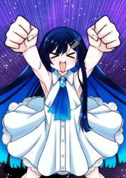  &gt;_&lt; armpits asymmetrical_sidelocks black_hair blue_brooch blue_hair cevio clenched_hands collared_dress colored_inner_hair dress female futaba_minato gamonkoubou gradient_neck_ribbon highres layered_dress multicolored_hair neck_ribbon open_mouth pleated_dress ribbon sleeveless sleeveless_dress solo standing tongue white_dress 