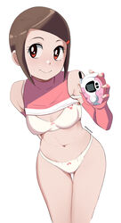  arms_behind_back bad_id bad_pixiv_id bare_shoulders blush bow bow_bra bow_panties bra breasts brown_hair closed_mouth clothes_lift d-3_(digimon) detached_sleeves digimon digimon_adventure_02 digivice female groin hair_ornament hairclip highres holding leaning_forward lifting_own_clothes light_blush looking_at_viewer medium_hair navel nose_blush pabsmikan paid_reward_available panties red_eyes ribbon shirt_lift sidelocks simple_background sleeveless small_breasts smile solo standing stomach thigh_gap thighs twitter_username underwear white_background white_bra white_panties yagami_hikari 