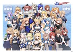  &gt;_&lt; 6+girls absurdres ahoge alcohol american_flag atlanta_(kancolle) black_gloves blonde_hair blue_hair bottle bow breast_press breasts brooklyn_(kancolle) brown_hair cleavage closed_eyes colorado_(kancolle) country_connection enemy_lifebuoy_(kancolle) everyone fingerless_gloves fletcher_(kancolle) flower gambier_bay_(kancolle) gambier_bay_mk_ii_(kancolle) garrison_cap glasses gloves hair_between_eyes hair_flower hair_ornament hairband hairbow hand_on_own_hip hands_on_own_hips hat headgear helena_(kancolle) heywood_l._edwards_(kancolle) highres holding holding_bottle honolulu_(kancolle) hornet_(kancolle) houston_(kancolle) index_finger_raised intrepid_(kancolle) iowa_(kancolle) jacket johnston_(kancolle) kantai_collection langley_(kancolle) large_breasts long_hair maryland_(kancolle) massachusetts_(kancolle) medium_breasts mini_hat multicolored_hair multiple_girls nazono_neko necktie nevada_(kancolle) northampton_(kancolle) open_mouth own_hands_together ponytail ranger_(kancolle) red_hair sailor_collar salmon_(kancolle) samuel_b._roberts_(kancolle) saratoga_(kancolle) scamp_(kancolle) school_uniform serafuku shirt skirt small_breasts south_dakota_(kancolle) star_(symbol) star_hair_ornament streaked_hair tuscaloosa_(kancolle) twintails v washington_(kancolle) white_flower 