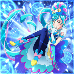  abstract_background back_bow black_pantyhose blue_background blue_bow blue_dress blue_footwear blue_hair bow brooch closed_mouth convenient_leg cure_spicy delicious_party_precure dot_nose dress earrings elbow_gloves female footwear_bow full_body fuwa_kokone gloves green_eyes hairbow heart heart_brooch highres jewelry large_bow looking_at_viewer magical_girl multicolored_hair pantyhose pink_bow pink_hair precure shoes short_dress single_hair_ring smile solo tj-type1 tsurime two-tone_hair white_gloves 