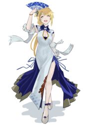  :d ^_^ absurdres arknights arm_up blonde_hair braid breasts china_dress chinese_clothes chinese_commentary cleavage cleavage_cutout closed_eyes clothing_cutout commentary_request detached_sleeves dress facing_viewer female full_body grey_dress grey_footwear hand_fan highres holding holding_fan kroos_(arknights) kroos_the_keen_glint_(along_the_corridor)_(arknights) kroos_the_keen_glint_(arknights) long_hair official_alternate_costume open_mouth shoes simple_background sleeveless sleeveless_dress smile solo standing teeth upper_teeth_only white_background xi_zhi_hergoth 