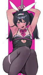  animal_ears armpits arms_up black_hair black_leotard blue_eyes blush bow dark-skinned_female dark_skin fake_animal_ears female flat_chest hairbow highres jitome leotard long_hair looking_at_viewer okpriko open_mouth original pantyhose playboy_bunny pole ponytail rabbit_ears rabbit_hole_(vocaloid) smug solo sweatdrop teeth thai_girl_(okpriko) upper_teeth_only 