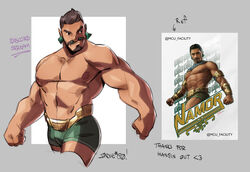  1boy absurdres arts_of_indiego bara black_panther:_wakanda_forever bulge cropped_legs dark-skinned_male dark_skin earrings facial_hair goatee green_male_swimwear highres jewelry large_pectorals looking_to_the_side male_focus male_swimwear mature_male moustache muscular muscular_male namor navel nipples pectorals pointy_ears reference_inset short_hair solo standing stomach thick_mustache topless_male tribal 