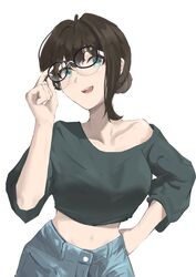  adjusting_eyewear aqua_eyes aqua_shorts arm_up bare_shoulders black-framed_eyewear breasts brown_hair chinese_commentary collarbone commentary_request crop_top cropped_sweater denim denim_shorts female glasses green_sweater hand_on_own_hip head_tilt highres midriff navel open_mouth original short_hair shorts simple_background sleeves_past_elbows smile solo sweater teeth upper_body upper_teeth_only white_background xi_zhi_hergoth 