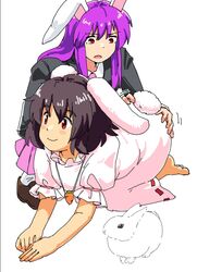  2girls all_fours animal_ears ass_grab barefoot blazer blush brown_footwear brown_hair carrot carrot_necklace dress grabbing_another&#039;s_ass groping hand_on_another&#039;s_ass highres inaba_tewi jacket jewelry leftame long_hair motion_lines multiple_girls necklace necktie open_mouth parted_lips pink_necktie pink_skirt purple_hair rabbit rabbit_ears rabbit_tail red_eyes reisen_udongein_inaba ribbon-trimmed_dress simple_background skirt smile socks tail touhou white_background white_socks 