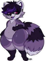  alpha_channel anthro ear_piercing ear_ring fangs freckles fur fur_tuft glistening glistening_eyes head_tuft hi_res highlights_(coloring) male mammal markings massive_thighs navel neck_tuft outline panickew piercing pink_eyes pitayapunch procyonid purple_body purple_fur purple_tongue raccoon ring_piercing signature slightly_chubby solo striped_markings striped_tail stripes tail tail_markings teeth thick_thighs tongue tuft youtuber 