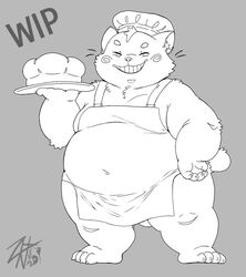  anthro apron apron_only bread clothed clothing domestic_cat felid feline felis food male mammal monochrome obese overweight overweight_anthro smile solo unfinished zkott 