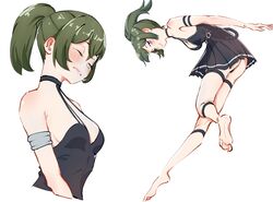  absurdres alternate_hairstyle arm_strap armlet ass babywipes barefoot black_choker black_dress breasts choker closed_eyes commentary cropped_torso dress english_commentary feet female full_body green_hair half-closed_eyes high_ponytail highres multiple_views pleated_dress purple_eyes simple_background smile soles sousou_no_frieren thigh_strap thighs ubel_(sousou_no_frieren) white_background 