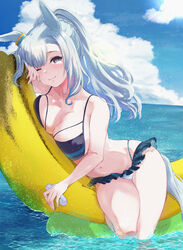  ;) alternate_costume animal_ears banana_boat bikini black_bikini blue_hair blue_sky blush braid breast_press breasts cleavage closed_mouth cloud collarbone crown_braid day ear_ornament female frilled_bikini frills handlebar highres horse_ears horse_girl horse_tail huge_breasts kitsune_yuki light_particles long_hair looking_at_viewer lying mejiro_ardan_(umamusume) navel ocean one_eye_closed outdoors ponytail purple_eyes sky smile solo swimsuit tail thighhighs thighs umamusume wading water wet 