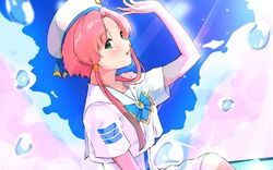  andanden aria_(manga) aria_company_uniform arm_up beret blue_bow blue_bowtie blue_sky bow bowtie cloud cloudy_sky day dress eyelashes female gold_trim green_eyes hair_tubes hat hat_ribbon highres looking_at_viewer mizunashi_akari open_mouth outdoors parted_bangs pink_hair ribbon sailor_collar short_hair_with_long_locks short_sleeves sidelocks sitting sky solo splashing sunlight upper_body white_dress white_hat 