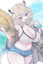  absurdres animal_ear_fluff aqua_nails arknights bikini blue_background blue_tail breasts cleavage cowboy_shot female hat highres holding holding_clothes holding_hat large_breasts open_clothes open_mouth purple_eyes rocb smile solo striped_bikini striped_clothes swimsuit tail thick_thighs thighs utage_(arknights) utage_(summer_flowers)_(arknights) v 