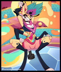  2024 4_arms 4_fingers anthro arthropod artist_name bee black_body black_border black_fur border bottomwear canid canine clothing crop_top crouching demon detailed_background digital_drawing_(artwork) digital_media_(artwork) female fingers flowing_hair flowing_tail fox fur hair helluva_boss hi_res hindpaw hybrid hymenopteran insects inside looking_at_viewer mammal mandyfoxy midriff multi_arm multi_limb multicolored_body multicolored_fur patreon patreon_logo paws pink_eyes pole queen_bee-lzebub_(helluva_boss) shirt shorts smile snout solo topwear watermark yellow_body yellow_fur 