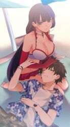  1boy absurdres bare_shoulders beach_umbrella bikini black_hair black_shorts blue_eyes blue_shirt blush breasts choker cleavage collarbone commentary_request commission cross cross_choker earrings elbow_gloves fate/grand_order fate_(series) female floral_print fujimaru_ritsuka_(male) fujimaru_ritsuka_(male)_(tropical_summer) gloves hand_on_another&#039;s_head hawaiian_shirt highres jewelry kpaoi lap_pillow large_breasts long_hair martha_(fate) martha_(swimsuit_ruler)_(fate) martha_(swimsuit_ruler)_(third_ascension)_(fate) neck purple_eyes red_gloves red_skirt shirt shorts sitting skeb_commission skirt sweatdrop swimsuit umbrella very_long_hair wariza watch white_bikini white_shirt wristwatch 