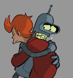  bender_bending_rodr&iacute;guez bodily_fluids clothing comedy_central duo futurama grey_background hair handsomehugs hug human jacket machine male mammal orange_hair philip_j._fry politepuppet red_clothing red_jacket red_topwear robot simple_background tears topwear 